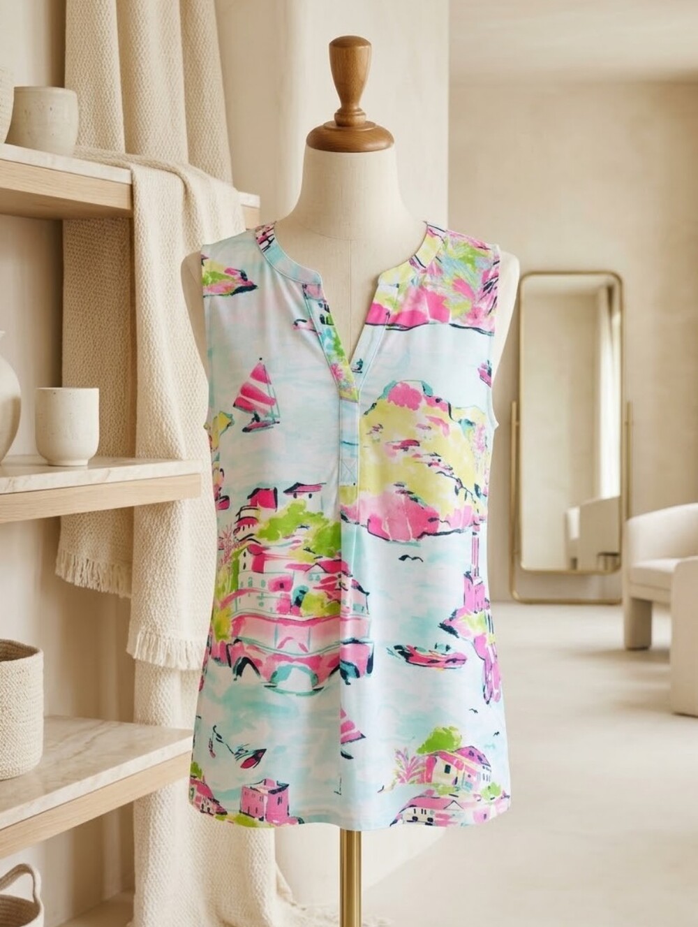 Crown & Ivy XL Pastel Blue Coastal City Scene Sleeveless Blouse